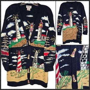 Vintage Nautical Lighthouse Beach Knit Cardigan Sweater XL Oversized Granny